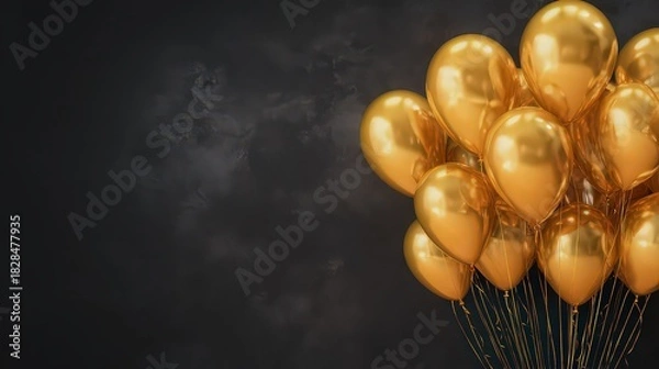 Obraz Golden Balloons Floating Against Dark Textured Background with Copy Space and Glittering Effects
