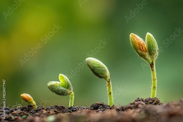 Obraz Growth Stages of Young Plant Sprout with Green and Brown Tones Bokeh Background