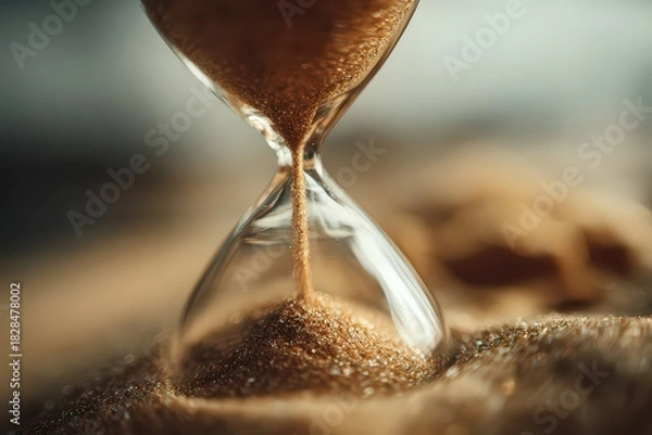 Obraz Macro Shot of Golden Sand Flowing in Hourglass Timer with Blurred Background