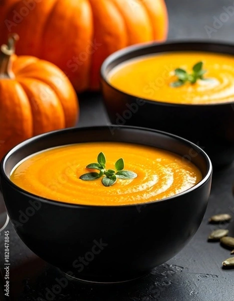 Obraz Two bowls of orange soup, garnished with herbs, and pumpkins