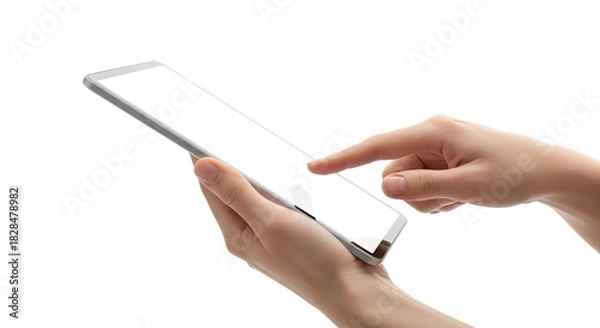 Fototapeta Hands holding and touching a silver tablet device on black background