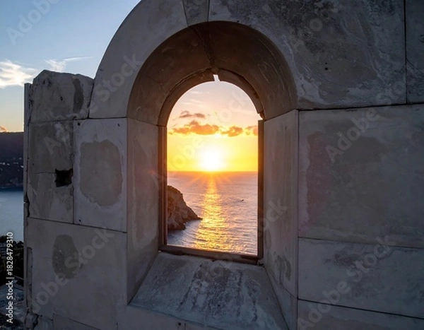 Fototapeta Sunset over ocean viewed through archway in stone structure