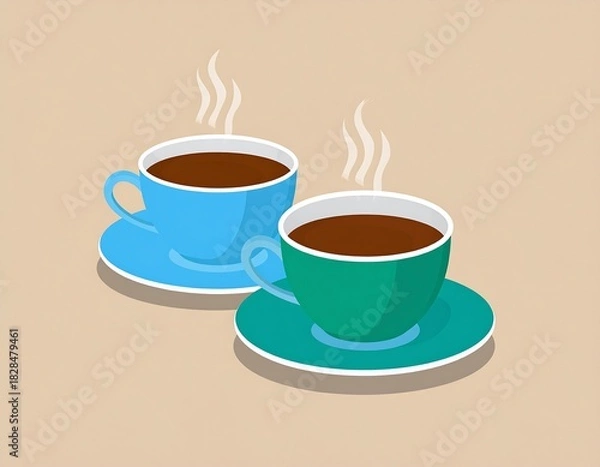 Obraz Two colorful coffee cups emitting steam on beige background