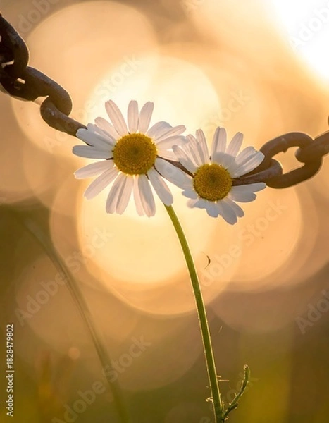 Obraz Two daisies touched by a chain; captured at golden hour