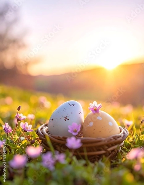 Obraz Two decorated eggs in a nest with wildflowers and sun in background