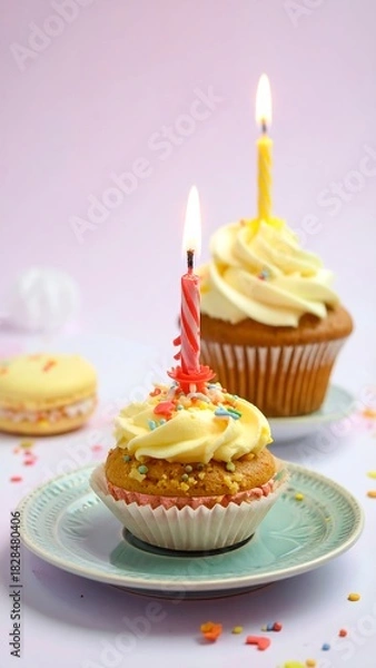 Obraz Two frosted cupcakes with lit candles and a macaron