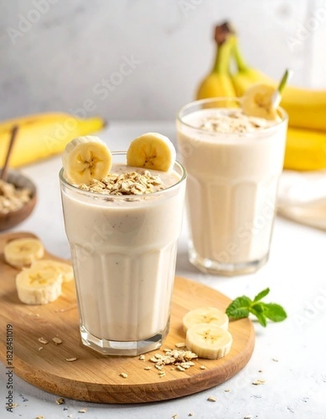 Obraz Two glasses of banana smoothie with oatmeal and fruit slices