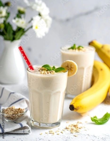 Obraz Two glasses of healthy banana smoothie with fresh ingredients