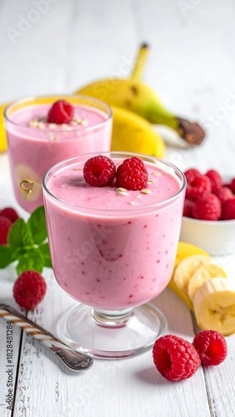 Obraz Two glasses of pink smoothie, fresh raspberries, bananas