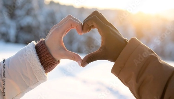 Obraz Two hands of different skin tones form a heart shape in winter