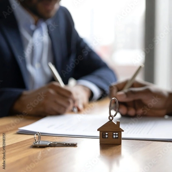 Obraz Two people sign documents, a key with a house charm is in focus