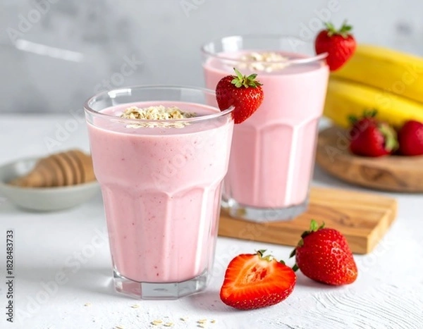 Obraz Two pink smoothies with strawberry garnish, banana, and strawberries