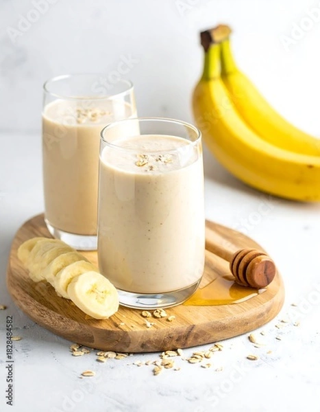 Obraz Two smoothies, banana slices, and fresh fruit on a wooden board