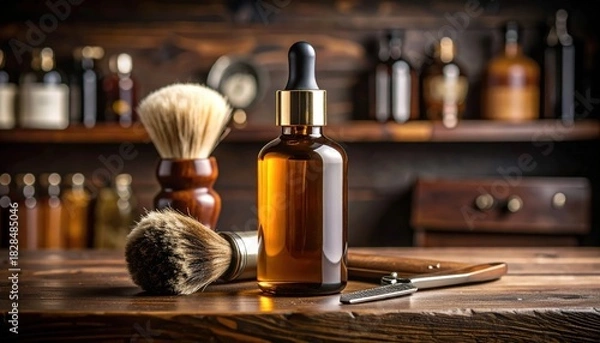 Obraz Barber Shop Oil with Brush, Razor on Wooden Table, and Vintage Style.
