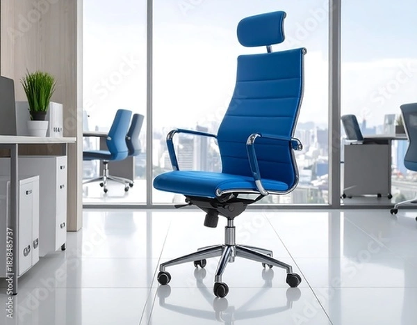 Obraz Modern blue office chair in a bright, minimalist workspace, near a window with city views
