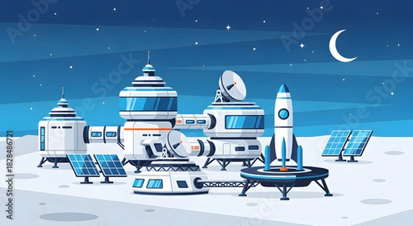 Obraz Futuristic Space Colony Base with Rocket and Solar Panels.