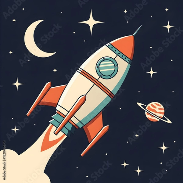 Obraz Retro Rocket Ship Soaring Through Space with Stars and Planet.