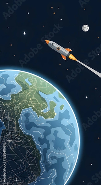 Obraz Rocket ship soaring through space above the Earth towards the moon.