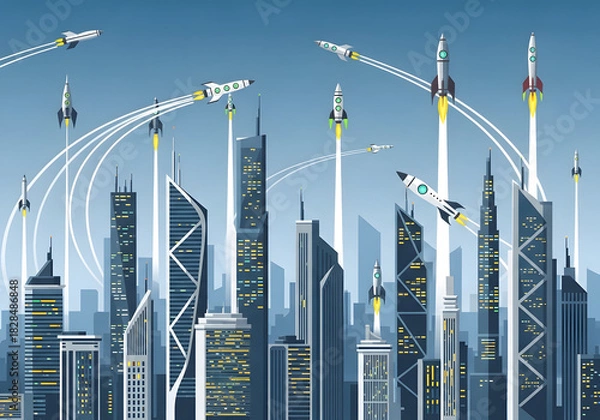Obraz Rockets Launching from Modern City Skyscrapers into the Sky.
