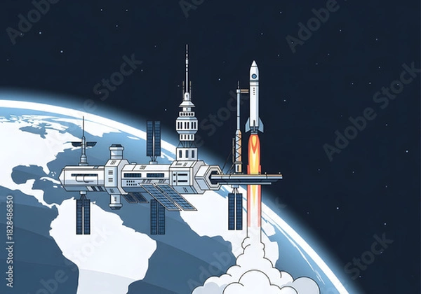 Obraz Space Station and Rocket Launching into Orbit from Earth.
