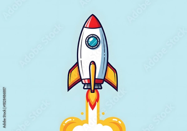 Obraz Cartoon Rocket Ship Launching with Fiery Exhaust.