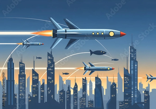 Obraz Futuristic Cityscape with Flying Missiles and Advanced Technology.
