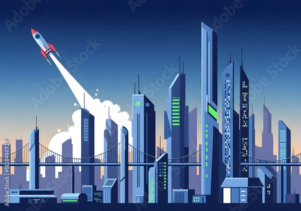 Obraz Futuristic Cityscape with Rocket Launching into Sky.