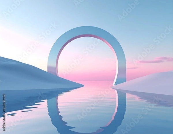 Fototapeta Surreal, abstract artwork depicting a reflective body of water, hills, and a metallic arch