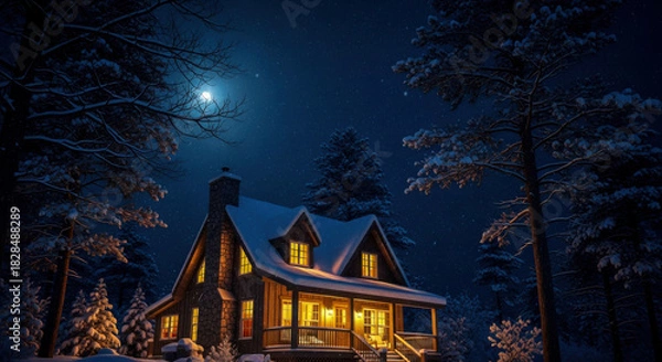 Fototapeta Winter wonderland cabin glowing warmly under a moonlit starry night sky in a serene forest. isolated on white background, Vector