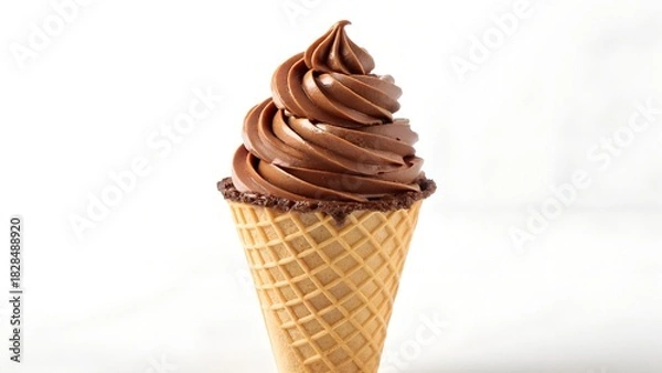 Fototapeta Chocolate Soft Serve Ice Cream Cone Isolated Against White Background With Detailed Swirl and Waffle Cone Texture
