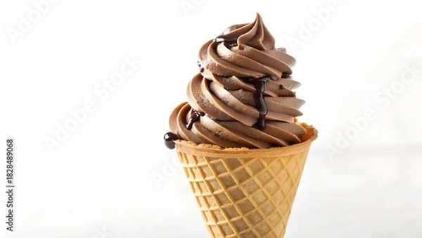 Fototapeta Studio Shot of Chocolate Soft Serve Ice Cream Cone Showing Creamy Swirl Texture and Crisp Golden Waffle Cone