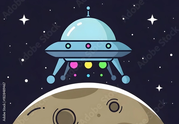 Obraz Cartoon UFO Spaceship Landing on Moon Surface with Colorful Lights.