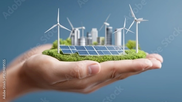 Fototapeta Hand holding photovoltaic solar panels and wind turbines, isolated on a blue background