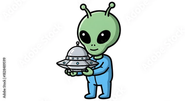 Obraz Cute Green Alien Cartoon Character Holding a Small Spaceship.