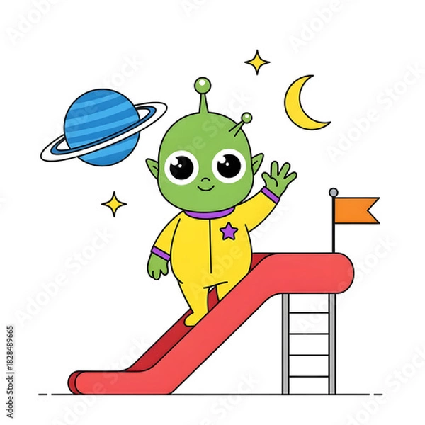 Obraz Cute Green Alien Child Waving on a Red Slide with Space Elements.