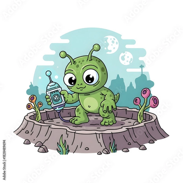 Obraz Cute green alien holding a futuristic device on a rocky surface.