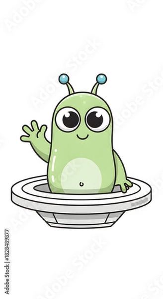 Obraz Friendly alien waving from spaceship cute cartoon character illustration.