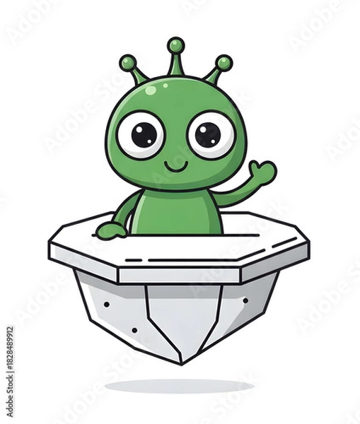 Obraz Friendly green alien waving from its futuristic spaceship ready for adventure.