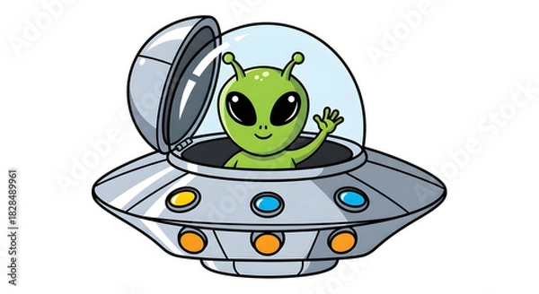 Obraz Friendly Green Alien Waving from Inside a Flying Saucer Spaceship.