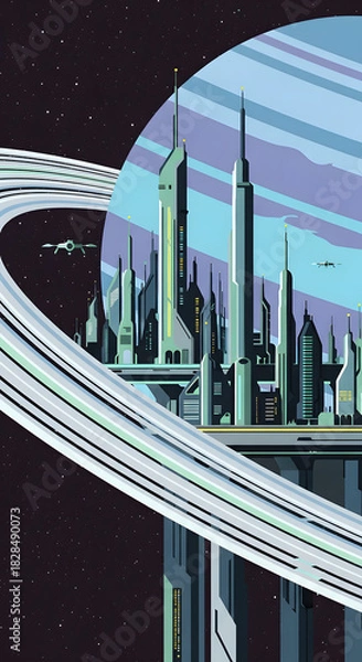 Obraz Futuristic city with towering skyscrapers on a celestial ring structure.
