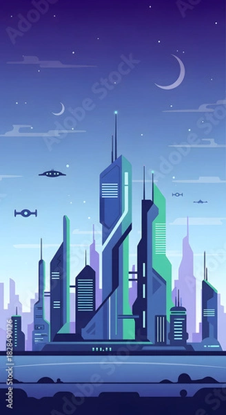 Obraz Futuristic Cityscape with Tall Buildings and Flying Vehicles under a Crescent Moon.