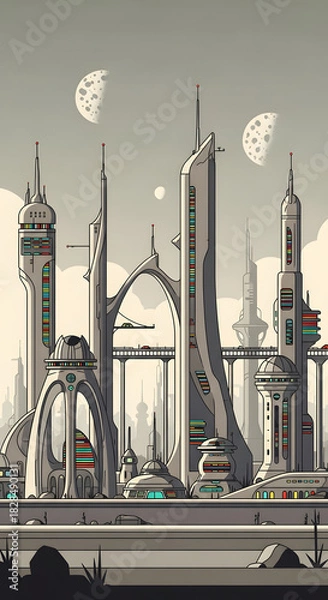 Obraz Futuristic Cityscape with Sleek Towers and Arches under Twin Moons.