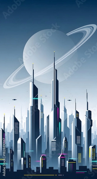 Obraz Futuristic Cityscape with Towering Skyscrapers and Flying Vehicles.