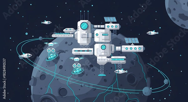 Obraz Futuristic Space Station Orbiting a Moon with Spaceships.