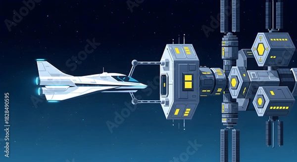 Obraz Futuristic spacecraft docking with a space station in orbit.