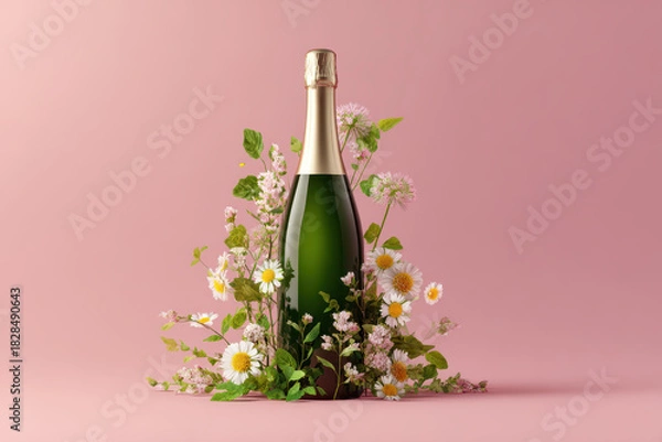 Obraz Sparkling wine bottle with delicate flowers, celebratory joy and elegance