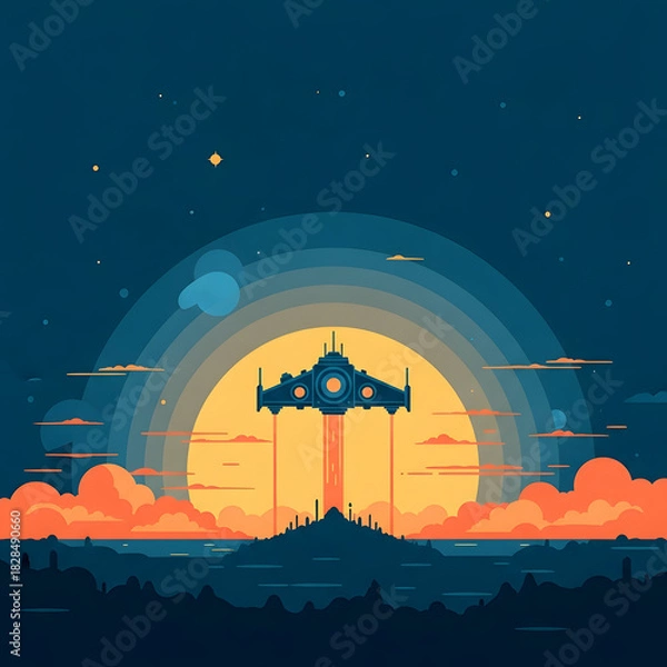 Obraz Futuristic Spaceship Launching into a Vibrant Sunset Sky.