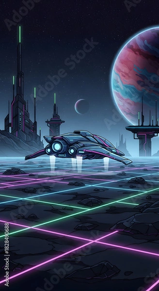 Obraz Futuristic Spaceship Landing on a Neon Grid Planet.