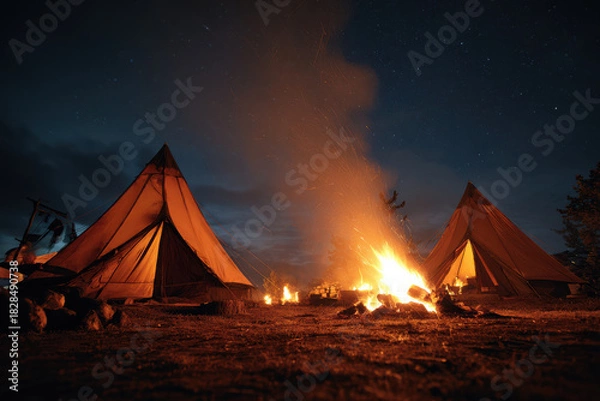 Obraz Cozy campfire with tents at night, conveying warmth and adventure