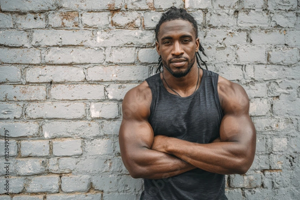 Obraz Confident man with muscular arms posing outdoors near brick wall